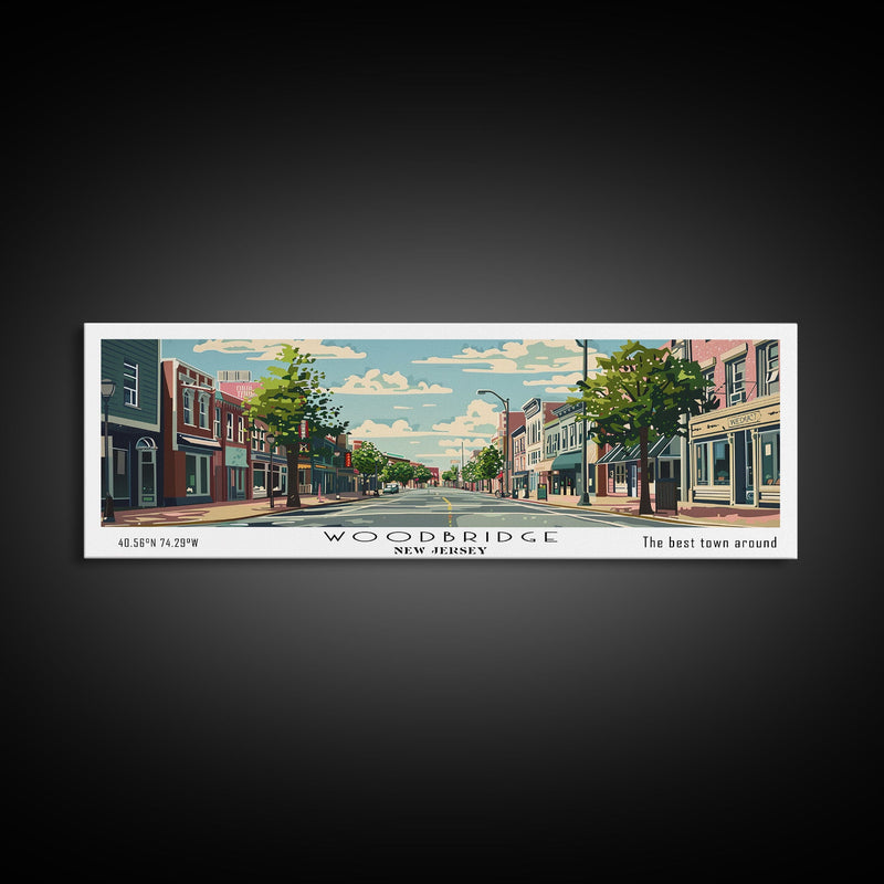 Woodbridge New Jersey Panoramic Painting, Mid Century Modern Framed Canvas Print, Retro Pop Art Travel Poster, Office Wall Art, Home Decoration