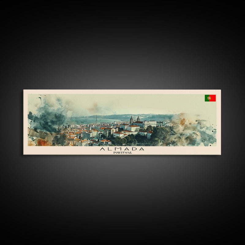 Almada Portugal Travel Art, City Art, Framed Canvas Print or Metal Wall Art, Europe Travel Poster, Panoramic Wall Art, Extra Wide Wall Art