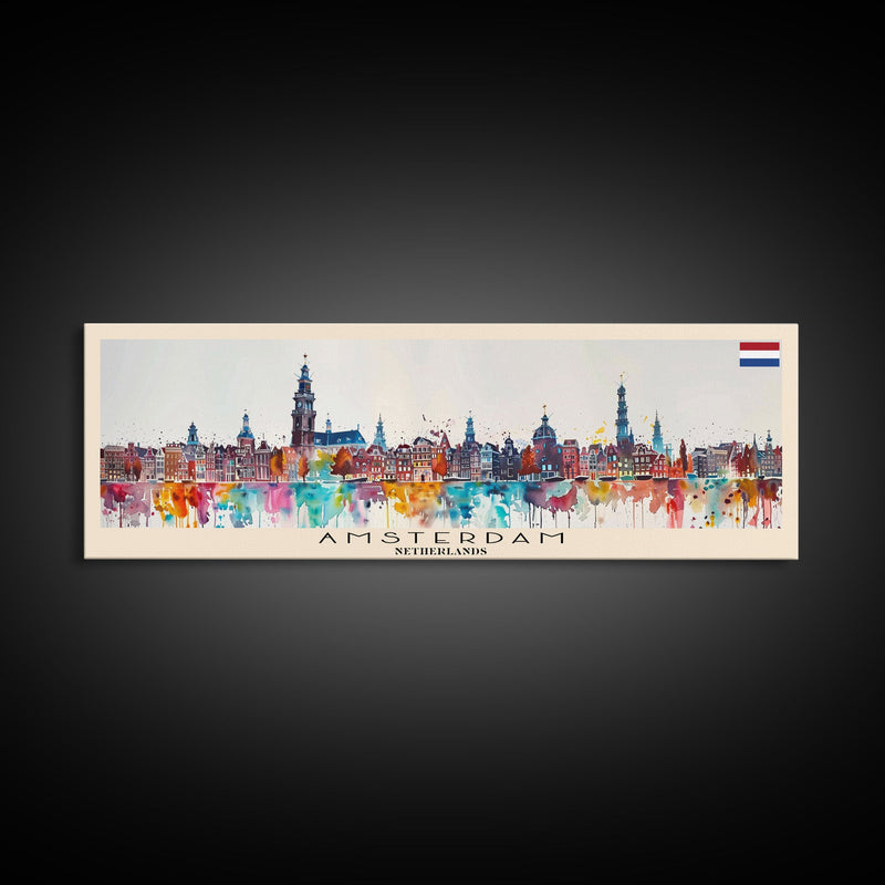 Amsterdam Netherlands Travel Art, City Art, Framed Canvas Print or Metal Wall Art, Europe Travel Poster, Panoramic Wall Art, Extra Wide Wall Art