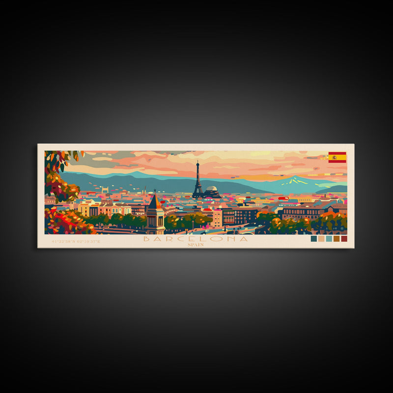 Barcelona Spain Travel Print Wall Art, Panoramic City Art, Travel Art, Wall Decor, Vacation Gift, Framed Canvas Print Or Metal Art