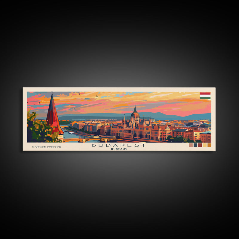 Budapest Hungary Travel Art, City Art, Framed Canvas Print or Metal Wall Art, Europe Travel Poster, Panoramic Wall Art, Extra Wide Wall Art