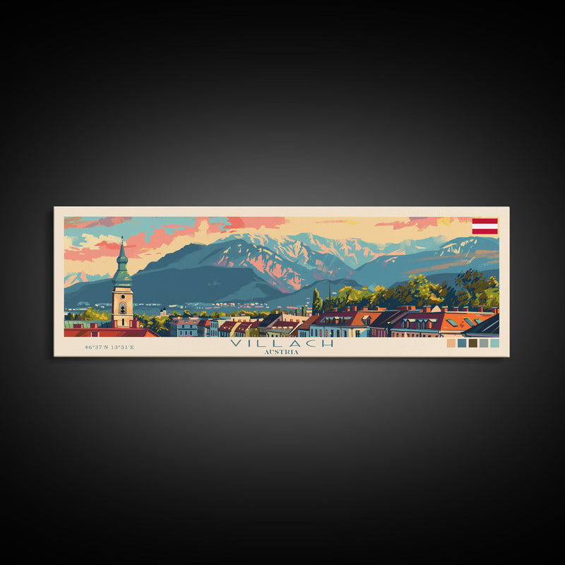 Villach Austria Travel Art, City Art, Framed Canvas Print or Metal Wall Art, Europe Travel Poster, Panoramic Wall Art, Extra Wide Wall Art