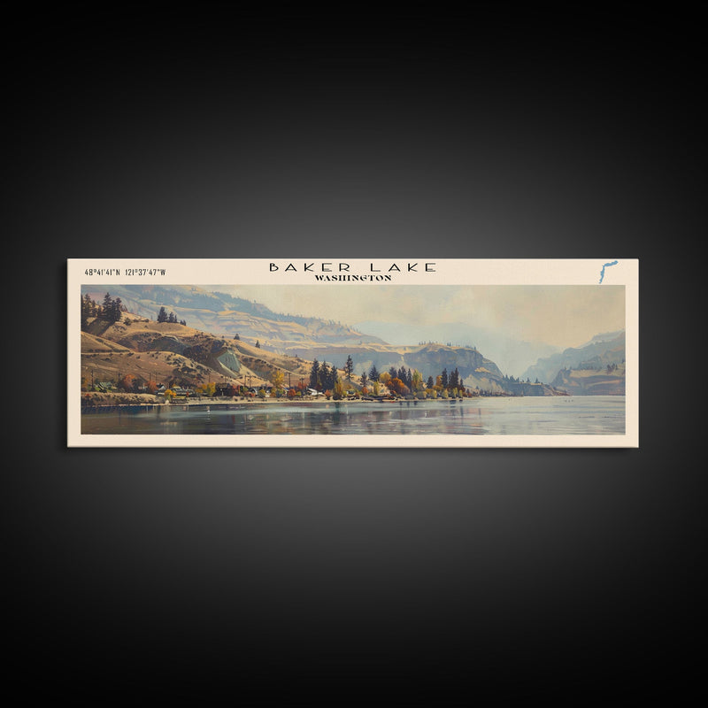 Baker Lake Washington Panoramic Framed Canvas Print, Lake House Art, Boho Decor, Travel Poster, Nature Wall Art, Serene Scene