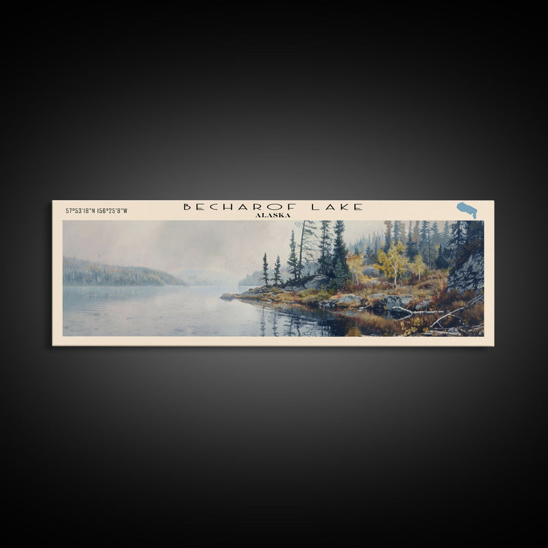 Becharof Lake Panoramic Framed Canvas Print, Lake House Decor, Scenic View, Travel Poster, Modern Art, Nature Scene