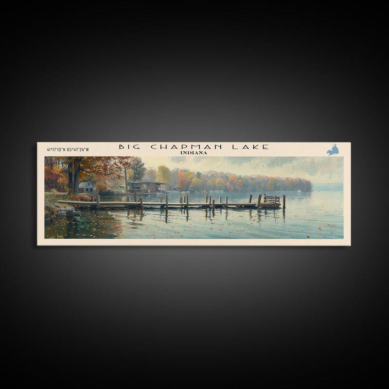 Big Chapman Lake Indiana Framed Canvas Print, Panoramic Lake House Art, Scenic Painting, Travel Poster, Rustic Art, Water Reflection