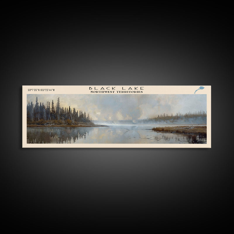 Black Lake Canada Northwest Territories Framed Canvas Print, Panoramic Lake House Art, Scenic View, Travel Poster, Lake Painting