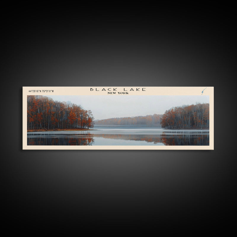 Black Lake New York Framed Canvas Print, Lake House Decor, Panoramic Scenic View, Travel Poster, Modern Art, Lake Painting