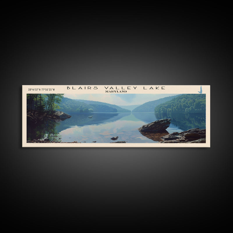 Blairs Valley Lake Maryland Framed Canvas Print, Panoramic Lake House Decor, Scenic View, Travel Poster, Rustic Art, Lake Painting