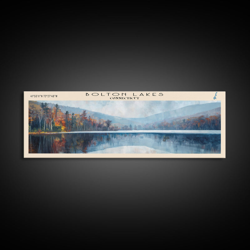 Bolton Lakes Connecticut Framed Canvas Print, Panoramic Lake House Art, Scenic View, Travel Poster, Modern Art, Lake Painting