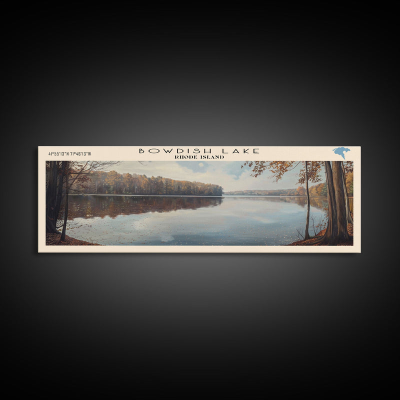 Bowdish Lake Rhode Island Framed Canvas Print, Lake House Art, Panoramic Travel Poster, Wall Art, Modern Lake Painting, Home Decor