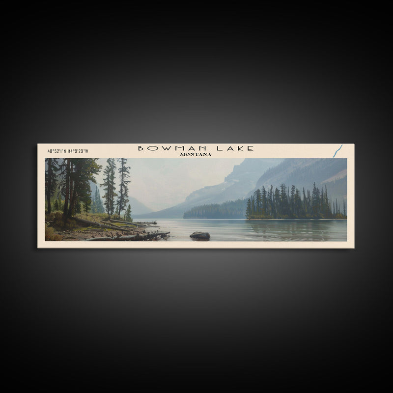 Bowman Lake Montana Framed Canvas Print, Panoramic Lake House Decor, Wall Art, Travel Poster, Rustic Lake Painting, Nature Art