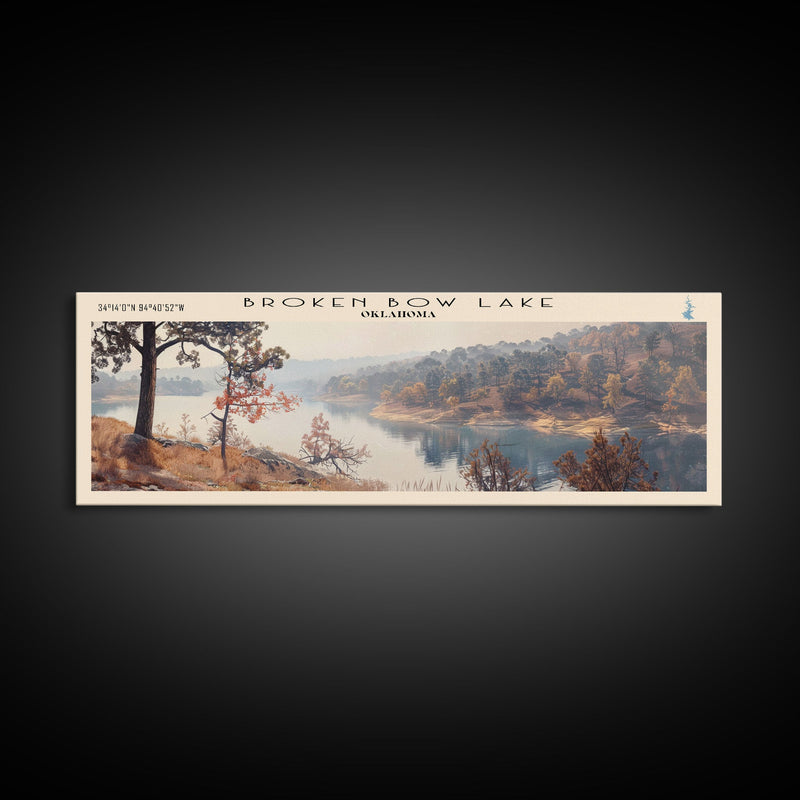 Broken Bow Lake Oklahoma Framed Canvas Print, Panoramic Lake House Art, Wall Art, Travel Poster, Modern Lake Painting, Nature Art