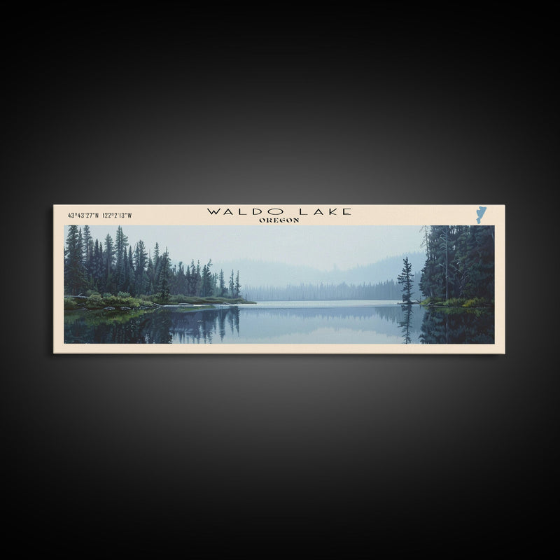 Waldo Lake Oregon Panoramic Wall Art, Framed Canvas Print, Lake House Decor, Travel Poster, Beautiful Lake Scene, Living Room Art