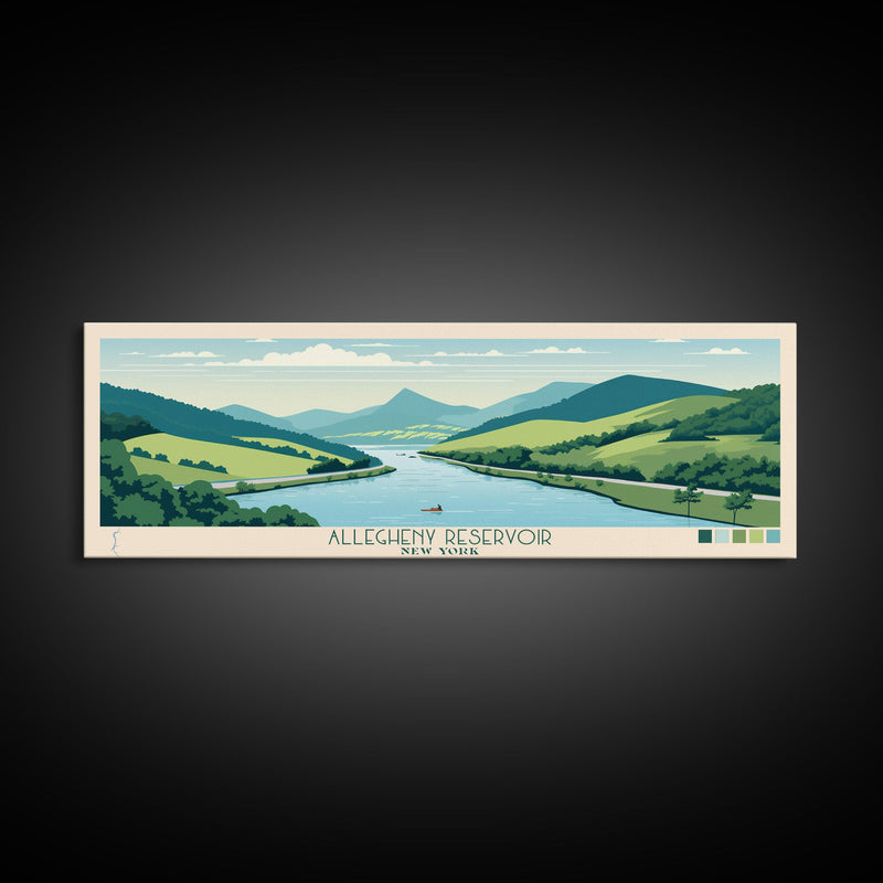 Allegheny Reservoir New York Framed Canvas Print, Panoramic Travel Poster, Pop Art, Midcentury Modern Wall Art, Lake House Art