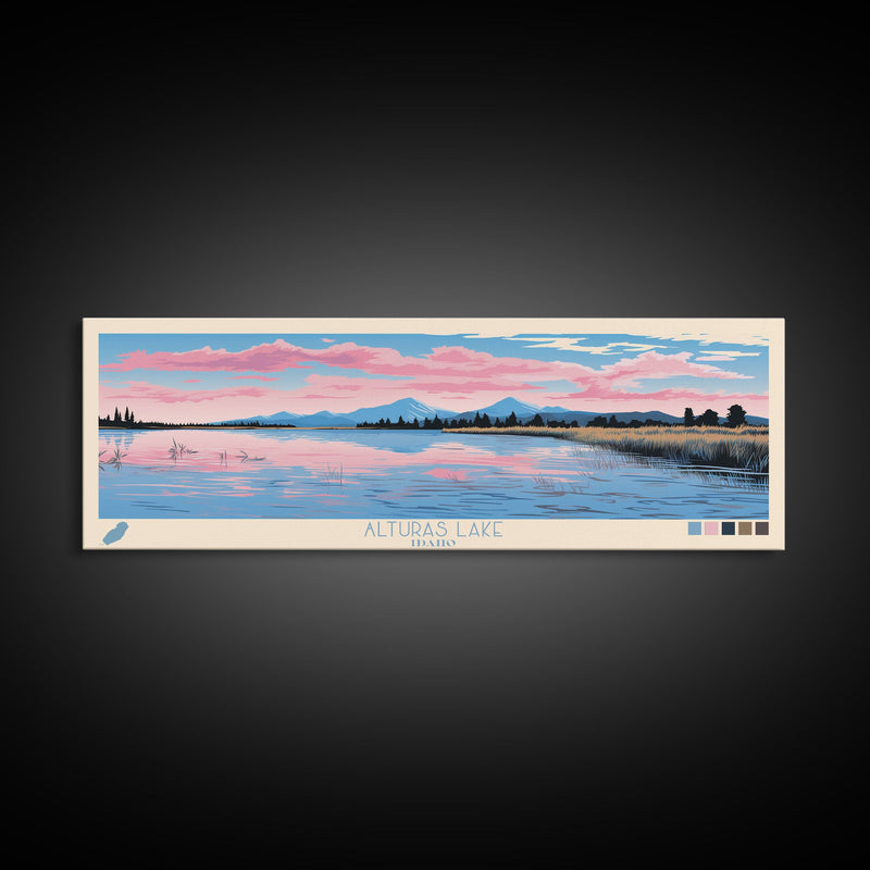 Alturas Lake Idaho Framed Canvas Print, Panoramic Wall Art, Midcentury Modern, Pop Art, Travel Poster, Lake House Decor