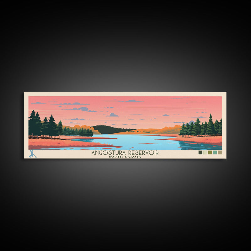 Angostura Reservoir South Dakota Framed Canvas Print, Panoramic Travel Poster, Midcentury Modern Wall Art, Pop Art, Lake House Decor