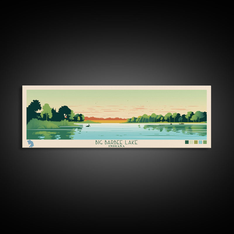 Big Barbee Lake Indiana Framed Canvas Print, Panoramic Travel Poster, Midcentury Modern Wall Art, Pop Art, Nature Living Room Art, Lake House Decor