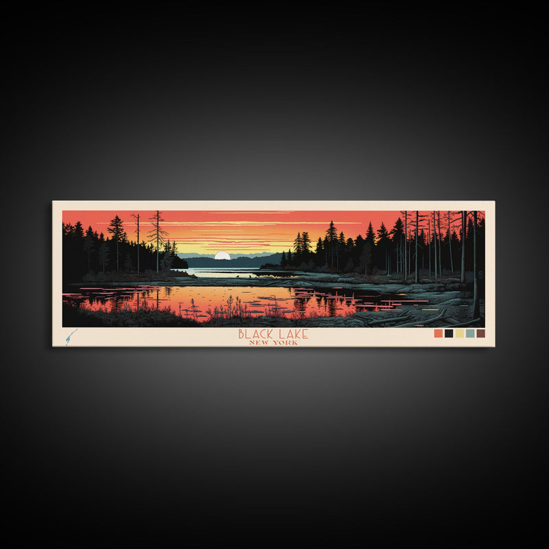 Black Lake New York Framed Canvas Print, Panoramic Wall Art, Midcentury Modern, Pop Art, Travel Poster, Scenic Living Room Art, Lake House Decor