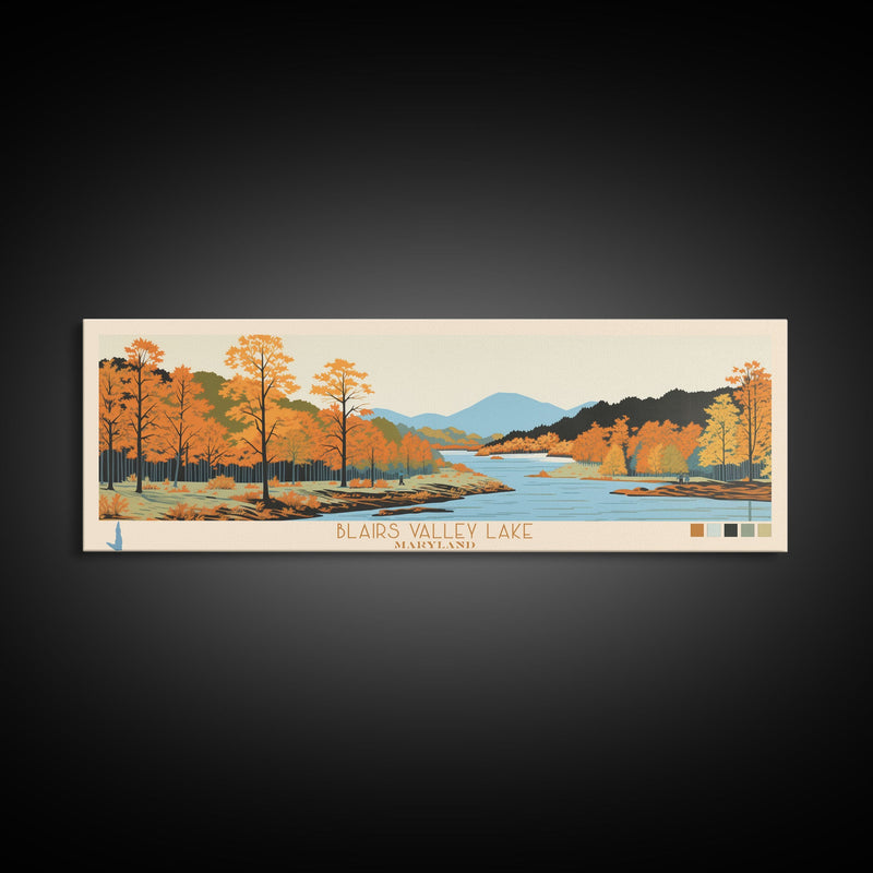 Blairs Valley Lake Maryland Framed Canvas Print, Panoramic Travel Poster, Midcentury Modern Wall Art, Pop Art, Nature Bedroom Art, Scenic Lake House Decor