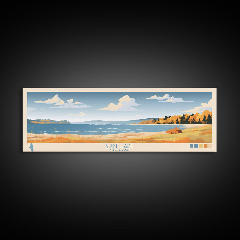 Burt Lake Michigan Framed Canvas Print, Pop Art Panoramic Travel Poster, Midcentury Modern, Wall Art, Scenic Nature Painting, Bedroom Decor