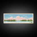 Coralville Lake Iowa Framed Canvas Print, Midcentury Modern Panoramic Wall Art, Living Room Decor, Pop Art, Travel Poster Art, Scenic Nature Painting, Lake House Decor
