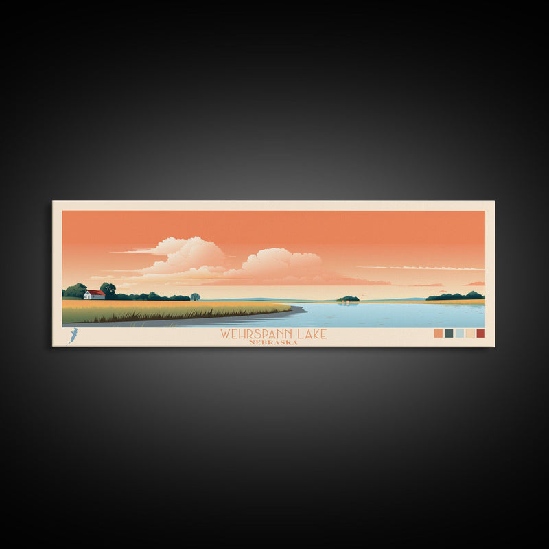 Wehrspann Lake, Nebraska Panoramic Framed Canvas Print, Midcentury Modern Art, Lake House Decor, Pop Art, Travel Poster, Bedroom Wall Art