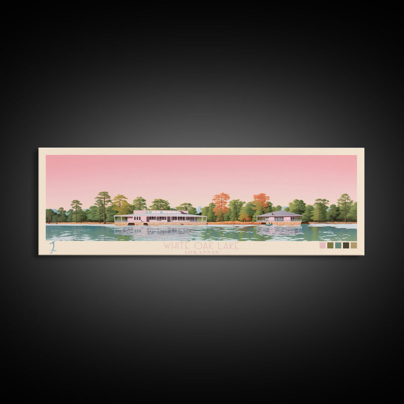 White Oak Lake, Arkansas Framed Canvas Print, Panoramic Lake House Decor, Midcentury Modern Art, Pop Art, Travel Poster, Living Room Wall Art