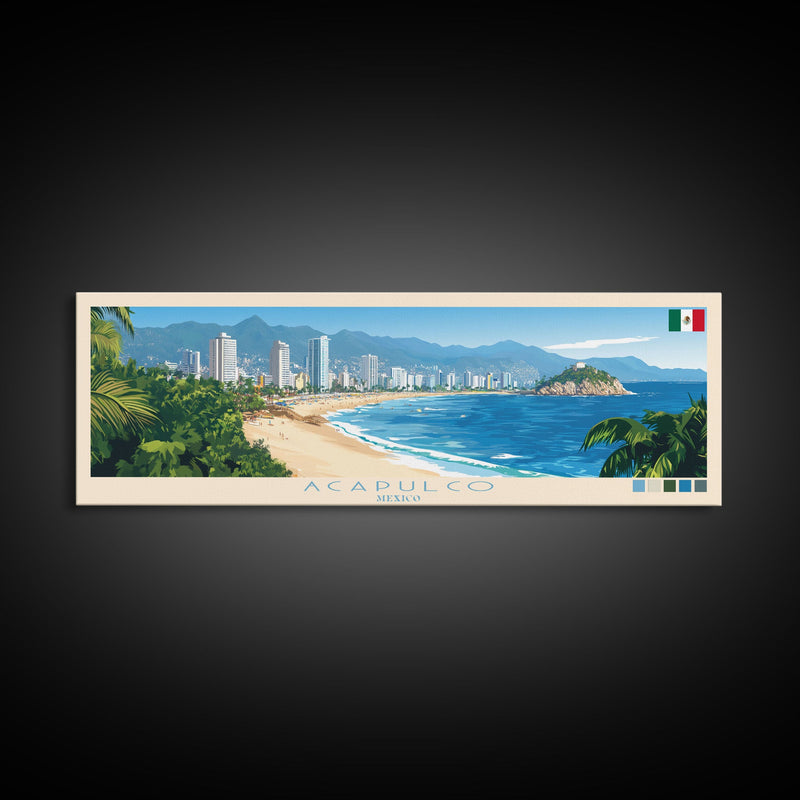 Acapulco, Mexico Travel Poster Panoramic Canvas Print, Acapulco, Mexico Painting, Mexico Art, Acapulco Travel Art, Guest Room Painting