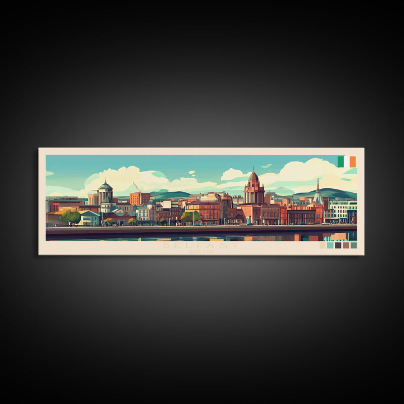 Belfast, Ireland Travel Poster Panoramic Canvas Print, Belfast, Ireland Painting, Ireland Art, Belfast Travel Art, Guest Room Painting