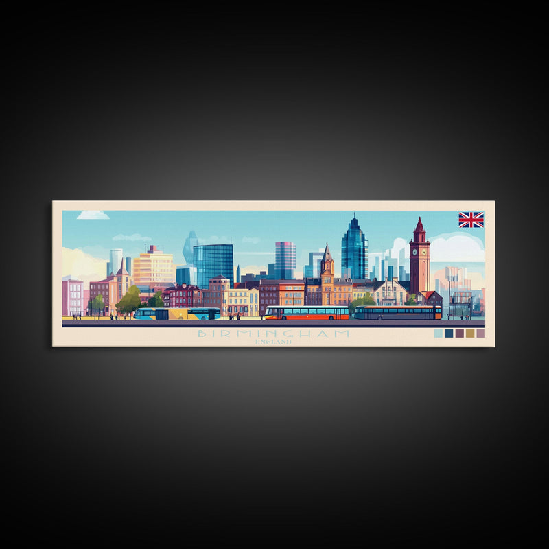 Birmingham, England Travel Poster Panoramic Canvas Print, Birmingham, England Painting, England Art, Birmingham Travel Art, Guest Room Painting