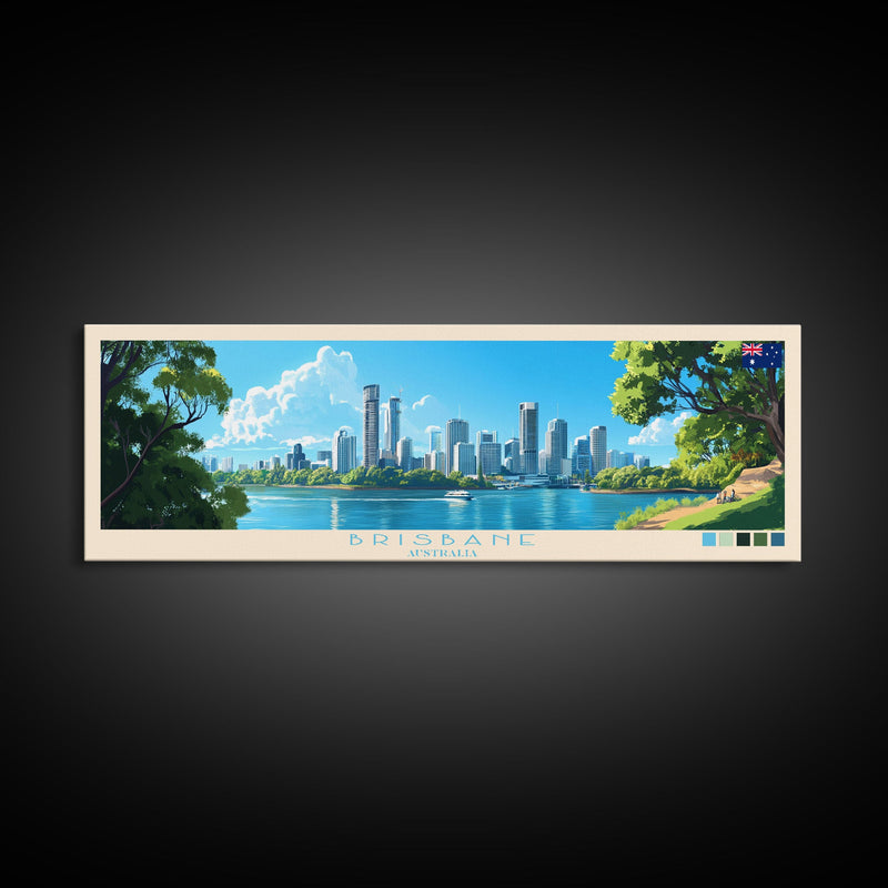 Brisbane, Australia Travel Poster Panoramic Canvas Print, Brisbane, Australia Painting, Australia Art, Brisbane Travel Art, Guest Room Painting