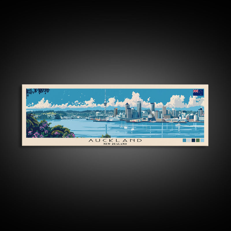 Auckland, New Zealand Panoramic Canvas Print, Auckland, New Zealand Painting, New Zealand Art, Auckland Travel Poster, Travel Art, Vacation Gift