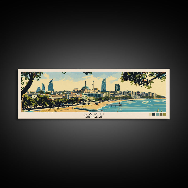 Baku, Azerbaijan Panoramic Canvas Print, Baku, Azerbaijan Painting, Azerbaijan Art, Baku Travel Poster, Travel Art, Living Room Painting