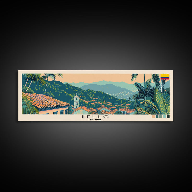 Bello, Colombia Panoramic Canvas Print, Bello, Colombia Painting, Colombia Art, Bello Travel Poster, Travel Art, Living Room Painting