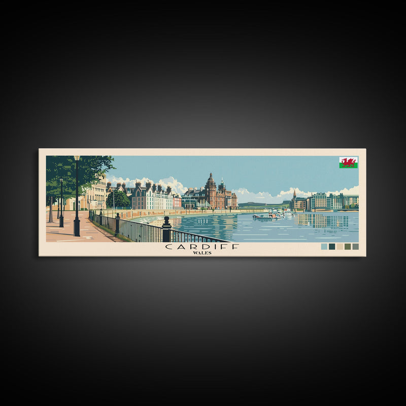 Cardiff, Wales Panoramic Canvas Print, Cardiff, Wales Painting, Wales Art, Cardiff Travel Poster, Travel Art, Guest Room Painting