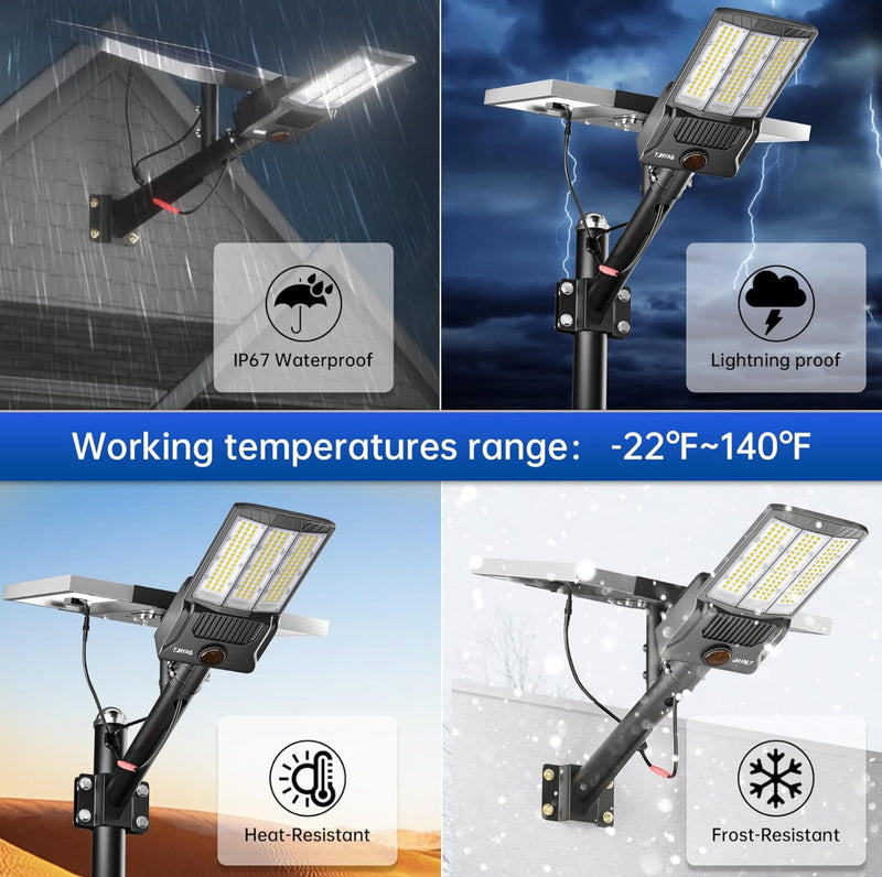 9500W Aluminum Solar Street Lights Outdoor, 500000LM High Powered Commercial Parking Lot Lights 6500K Dusk to Dawn with Remote