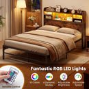 Full Size Bed Frame with Headboard LED Lights and Charging Station by LJGDeals