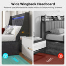 Full Size Bed Frame with LED Lights Wingback Headboard and Charging Station-Grey by LJGDeals