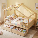 Full Size House Bed with Roof and Fence Rails for Kid