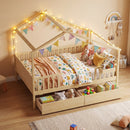 Full Size House Bed with Roof and Fence Rails for Kid