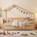 Full Size House Bed with Roof and Fence Rails for Kid