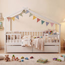 Full Size House Bed with Roof and Fence Rails for Kid