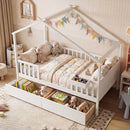 Full Size House Bed with Roof and Fence Rails for Kid