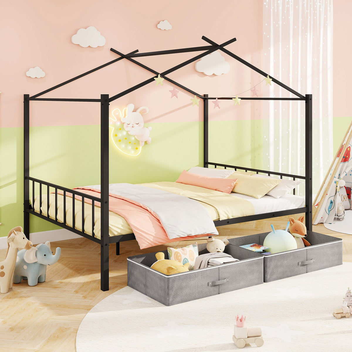 Full Size Metal House Bed with 2 Fabric Drawers for Kids-Black