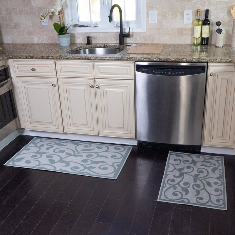 Floral Design Non Skid Washable Kitchen Runner Rugs Set of 2| 44 x 24 and 31.5 x 20 Inches Floor Mats | Gray&Teal