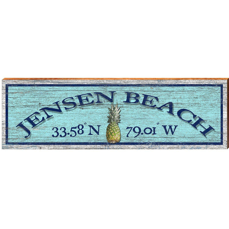 Jensen Beach Pineapple Blue Latitude Longitude | Wall Art Print on Real Wood