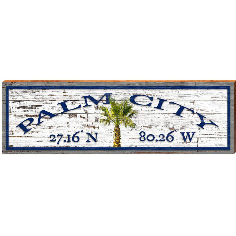 Palm City Palm Tree Shabby Latitude Longitude | Wall Art Print on Real Wood