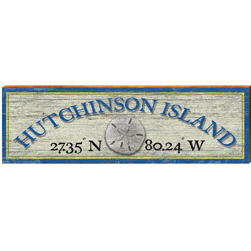 Hutchinson Island Sand Dollar Blue/Yellow Latitude Longitude | Wall Art Print on Real Wood