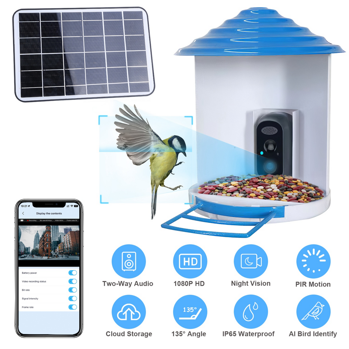 Smart Bird Feeder with Solar Powered Camera 1080P HD AI Identify PIR Motion Auto Capture Video Cloud Card Storage WiFi Connection App Control IP65 Wat, photo 5 of 14