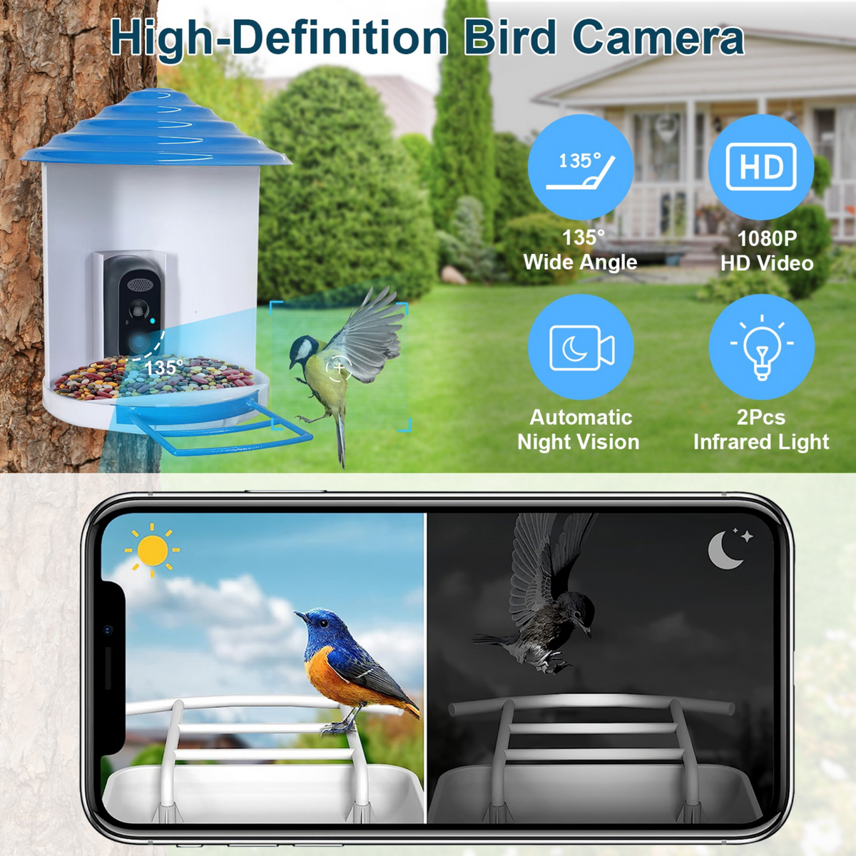 Smart Bird Feeder with Solar Powered Camera 1080P HD AI Identify PIR Motion Auto Capture Video Cloud Card Storage WiFi Connection App Control IP65 Wat, photo 4 of 14